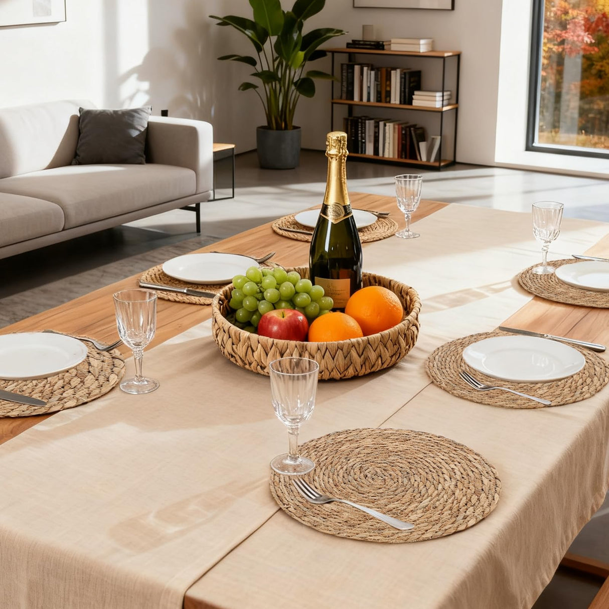 Cattail Woven Placemats Set of 6 and Storage Basket, 12 Inch Farmhouse Plate Chargers Set with Rattan Wicker Holder, Braided Straw Table Mats for Dining Table, Fall, Party, Thanksgiving, Christmas BSSN