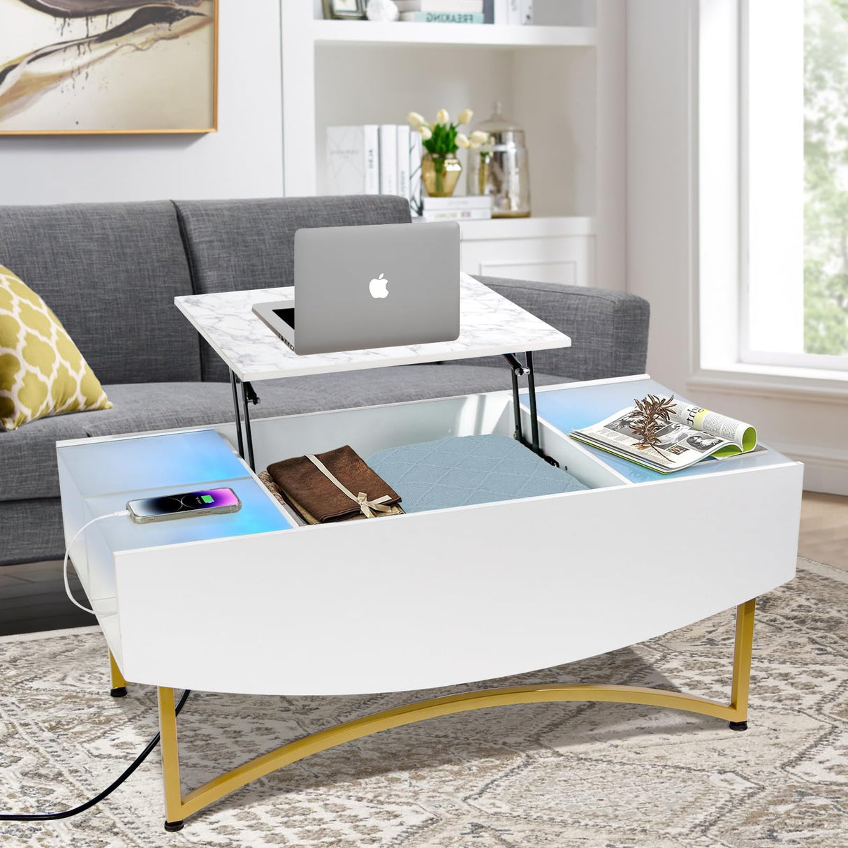 White and Gold Lift Top Coffee Table with Charging Station and LED Lights - 40" L×20" W×17" H Large Rectangle Marble Coffee Table Lift Top for Living Room, Glass & Marble-Pattern Tabletop, Metal Leg Caredear