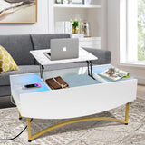 White and Gold Lift Top Coffee Table with Charging Station and LED Lights - 40" L×20" W×17" H Large Rectangle Marble Coffee Table Lift Top for Living Room, Glass & Marble-Pattern Tabletop, Metal Leg Caredear
