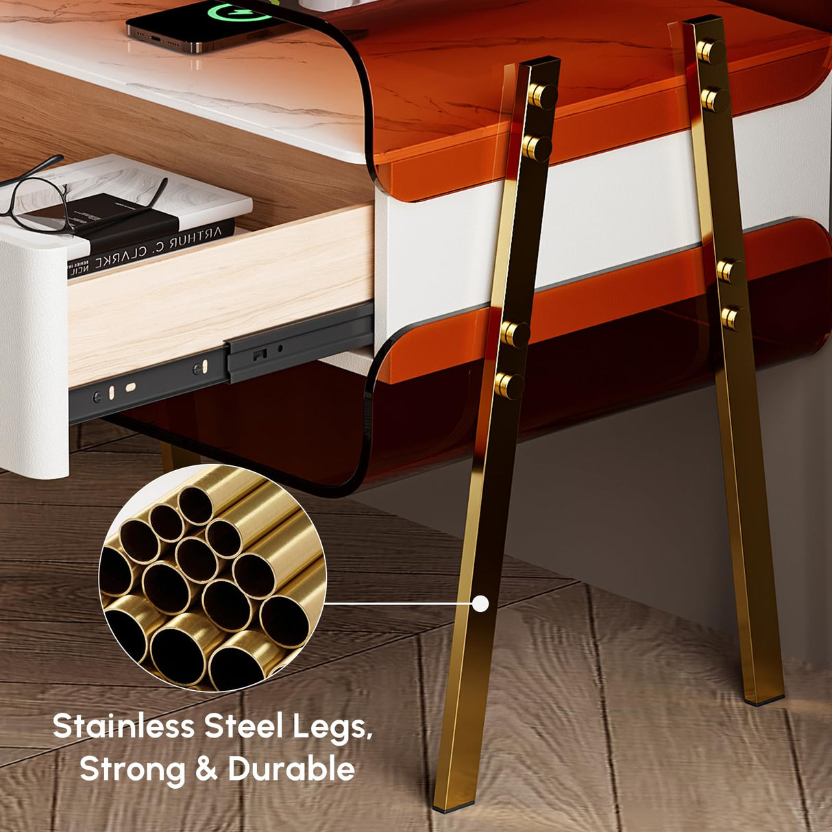 homary Modern Lighted Nightstand with Wireless Charging Station, Acrylic Shelves and Motion Sensor LED – Smart Bedside Table with Leather Drawer and Stainless Steel Legs homary