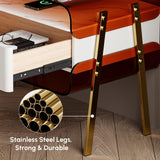 homary Modern Lighted Nightstand with Wireless Charging Station, Acrylic Shelves and Motion Sensor LED – Smart Bedside Table with Leather Drawer and Stainless Steel Legs homary