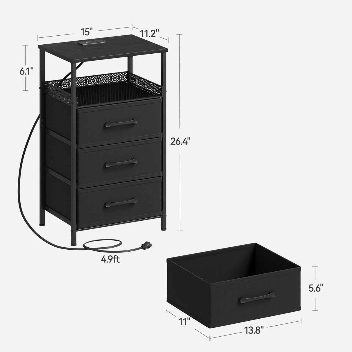 JARHETUN End Table with Charging Station and LED Light, Side Table with USB Ports and Outlets, LED Nightstand Set of 2, Bedside Tables with 3 Fabric Drawers, Black JARHETUN