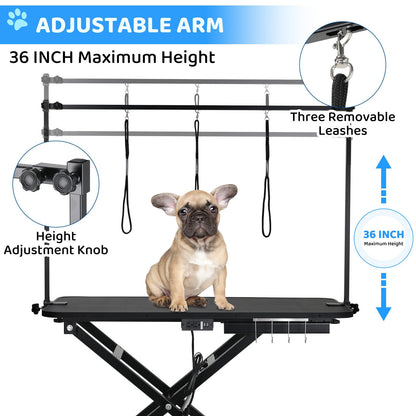 MAMIZO 50'' Electric Dog Grooming Table, Professional Heavy Duty Pet Hydraulic Grooming Table w/Overhead Arm, 3 Noose & Multi-hole Socket, Height Adjustable Grooming Station For Large Dogs, BLACK