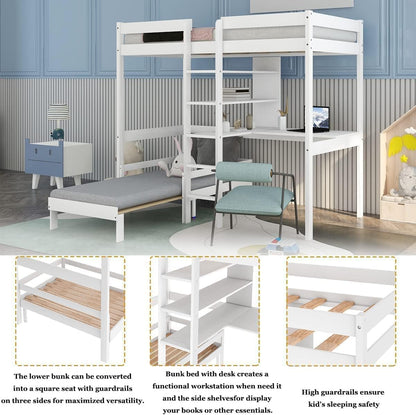 MERITLINE Twin Loft Bed with Versatile Desk and Bookshelf in White - WoodArtSupply