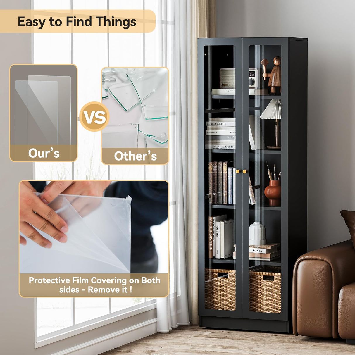 IRONMIX Black Bookshelf with Doors and Adjustable Shelves, 5-Tier Tall Bookcase, 70.87" Modern Display Cabinet, Metal Book Shelf with Storage Cabinet for Home Office Living Room IRONMIX
