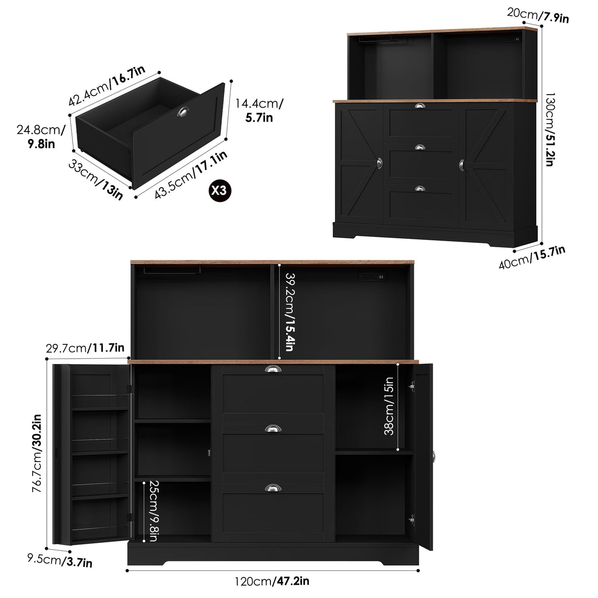 HIFIT Kitchen Pantry Buffet Cabinet with Storage and Charging Station, Farmhouse Kitchen Storage Cabinet Coffee Bar with Wine Rack|Barn Door|Microwave Stand|Door Shelves for Living Room, Black HIFIT