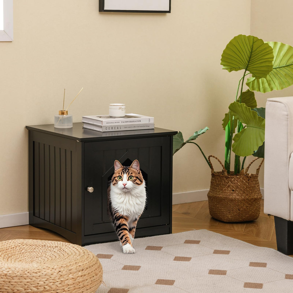 Tangkula Litter Box Enclosure, Cat Litter Box Furniture Hidden, Nightstand Pet House with Magnetic Door, Indoor Cat Washroom for Kitty (Black) Tangkula