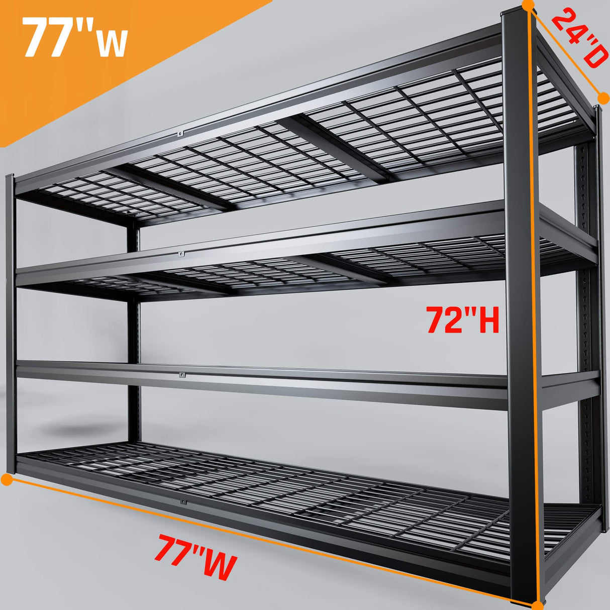 PMKES 77" W Storage Kitchen Shelves Heavy Duty Garage Shelving 4 Tier Metal Shelving Unit, Adjustable Shelves, 3800LBS Steel Industrial Shelving for Basement, Commercial, 77" W*24" D*72”H, Black PMKES