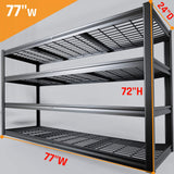 PMKES 77" W Storage Kitchen Shelves Heavy Duty Garage Shelving 4 Tier Metal Shelving Unit, Adjustable Shelves, 3800LBS Steel Industrial Shelving for Basement, Commercial, 77" W*24" D*72”H, Black PMKES