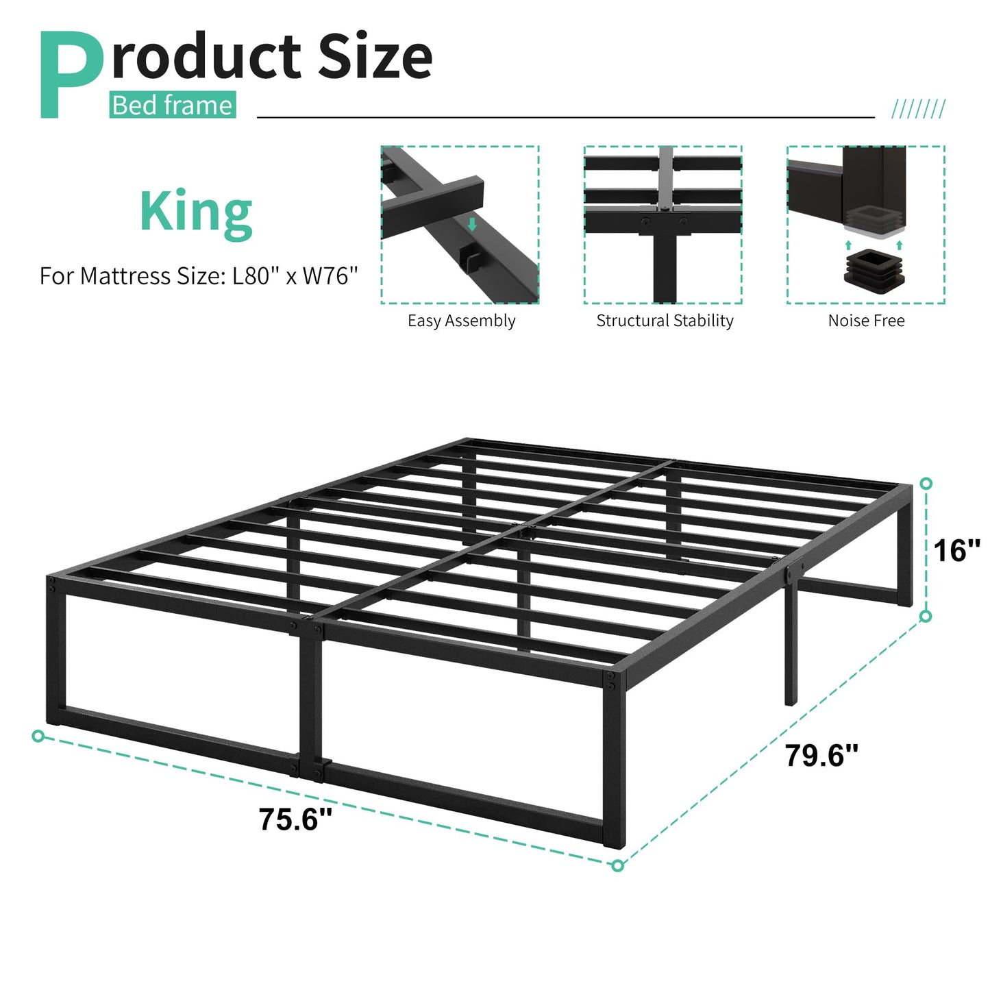 Lutown-Teen 16 Inch King Size Bed Frame Sturdy Mattress Foundation, Heavy Duty Metal Platform with Steel Slats Support No Box Spring Needed, Noise Free, Easy Assembly, Black