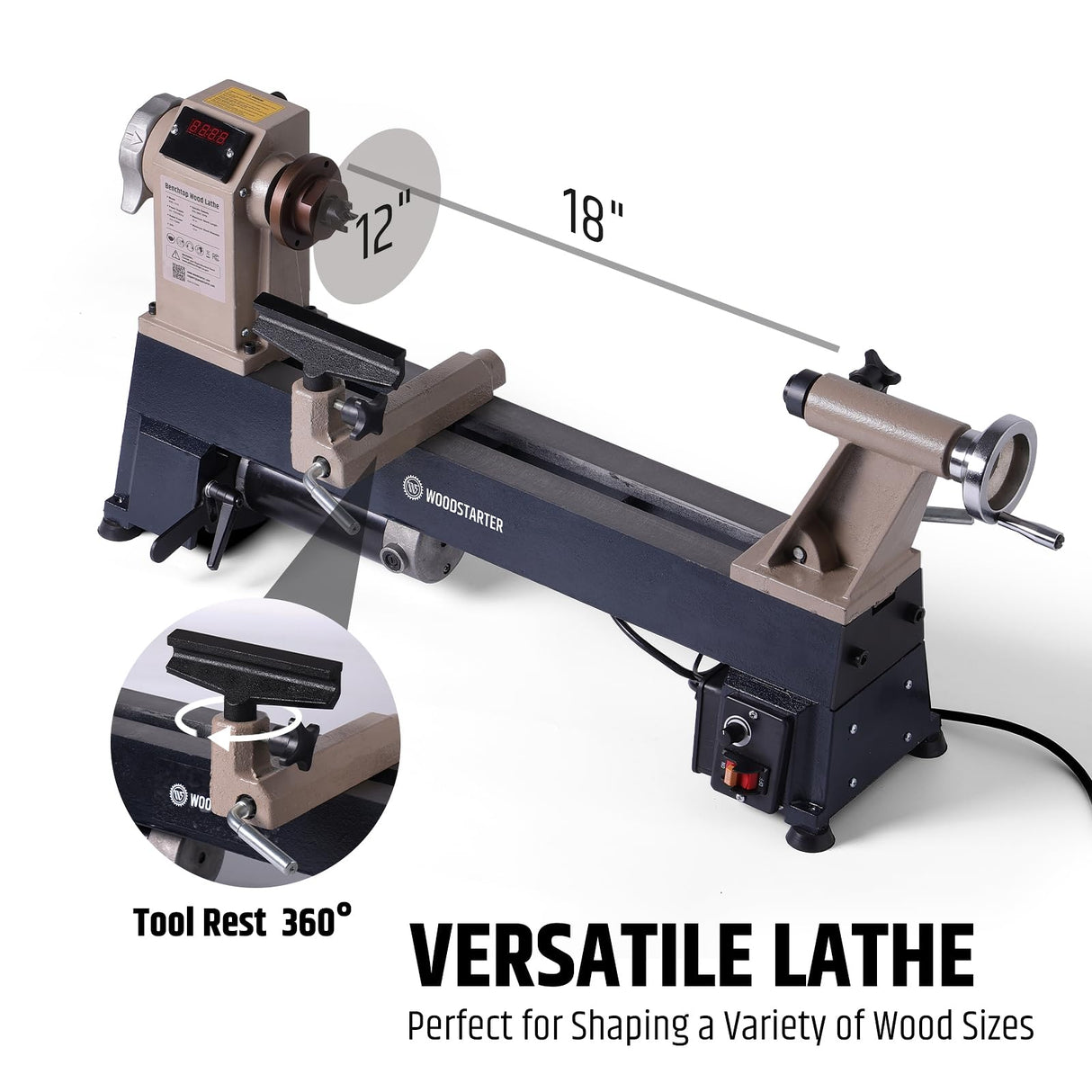 WOODSTARTER 12" x 18" Wood Turning Lathe, 1 HP Benchtop Woodworking Lathe with Variable Speed 650-3800 RPM, Dual-Function Design with Extension Ports for Belt Sander or Grinding Wheel or Rotary Kit WOODSTARTER