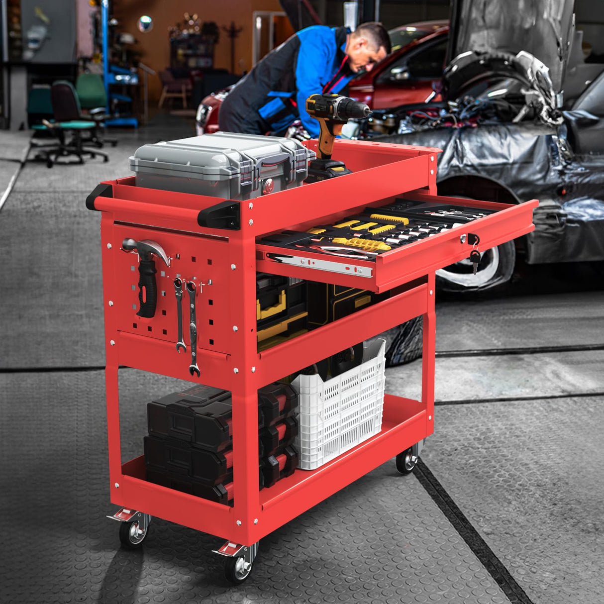 3 Tier Rolling Tool Cart, Tool Cart with Wheels and Drawers, 500 LBS Capacity Service Utility Cart, Mechanic Tool Cart on Wheels for Garage, Warehouse, Repair Shop, Red Wanmwill