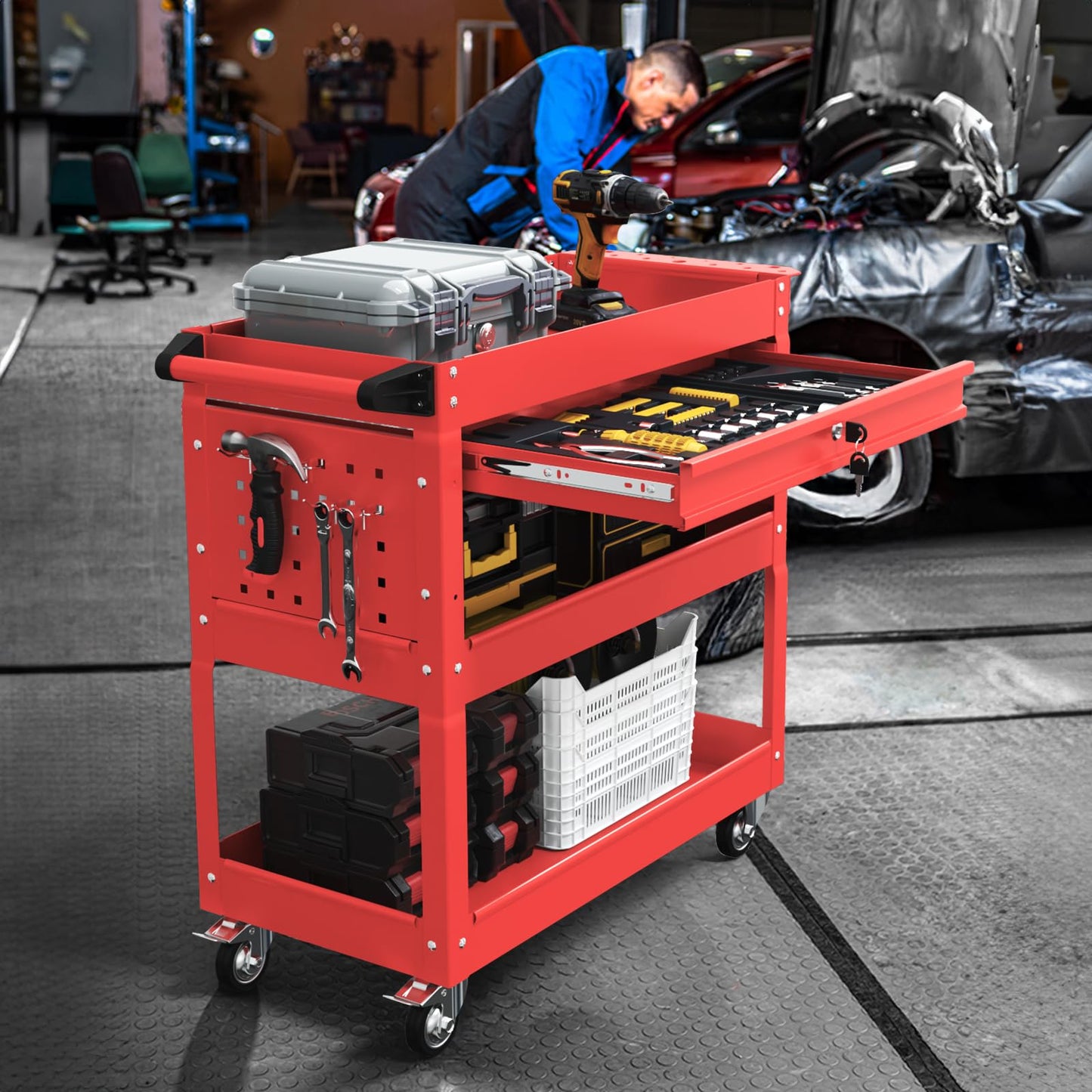 3 Tier Rolling Tool Cart, Tool Cart with Wheels and Drawers, 500 LBS Capacity Service Utility Cart, Mechanic Tool Cart on Wheels for Garage, Warehouse, Repair Shop, Red