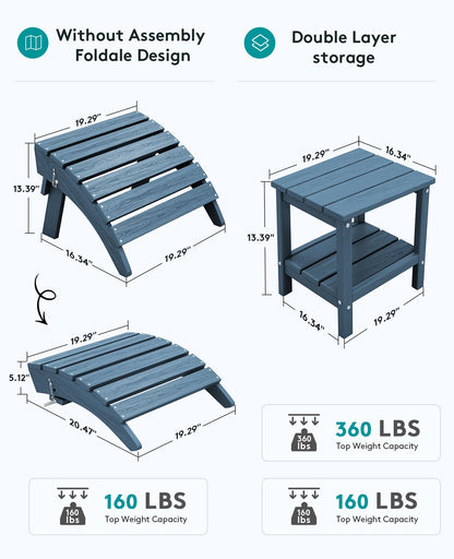 SERWALL 5-Piece Adirondack Chair and Ottoman and Table Set, HDPE Weather Resistant Adjustable Backrest Adirondack Chair with Ottoman and Side Table, Navy - WoodArtSupply