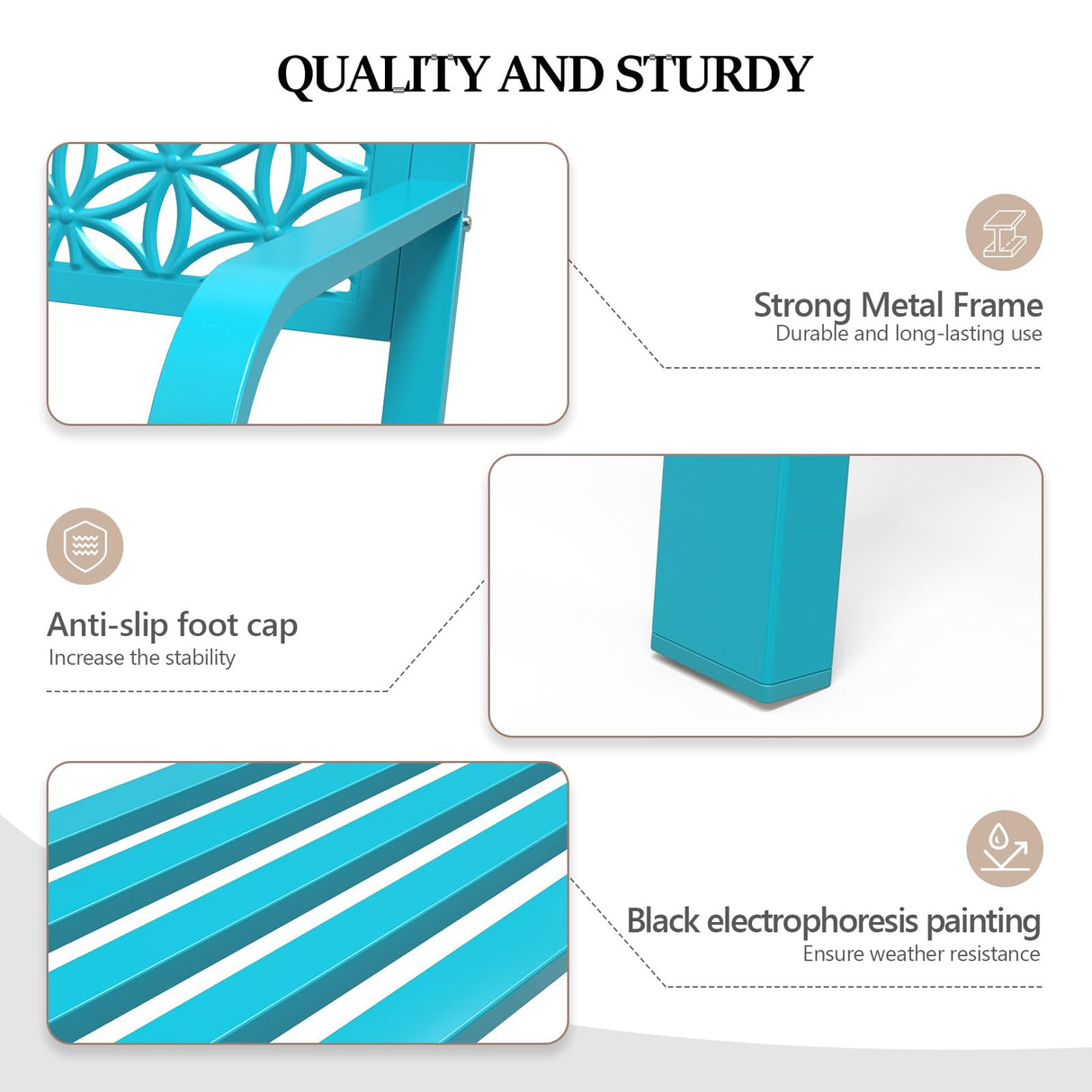 VINGLI 50" Outdoor Bench Metal with Floral Back, Garden Bench Front Porch Benches for Yard Patio Entryway Park, 800lb Capacity - Blue VINGLI