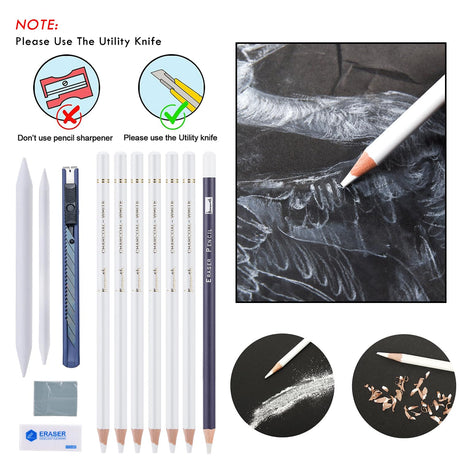 Brusarth White Charcoal Pencils Set - 12 Piece White Colored Pencils for Drawing, Sketching, Shading, Blending, White Chalk Pencils for Kid, Beginners & Pro Artists Brusarth