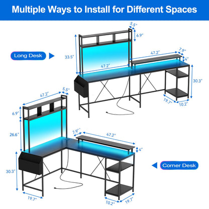 Jojoka L Shaped Computer Gaming Desk with LED Lights & Power Outlets, 67" Reversible Large L-Shaped Desk with Monitor Stand & Storage Shelves (Black)