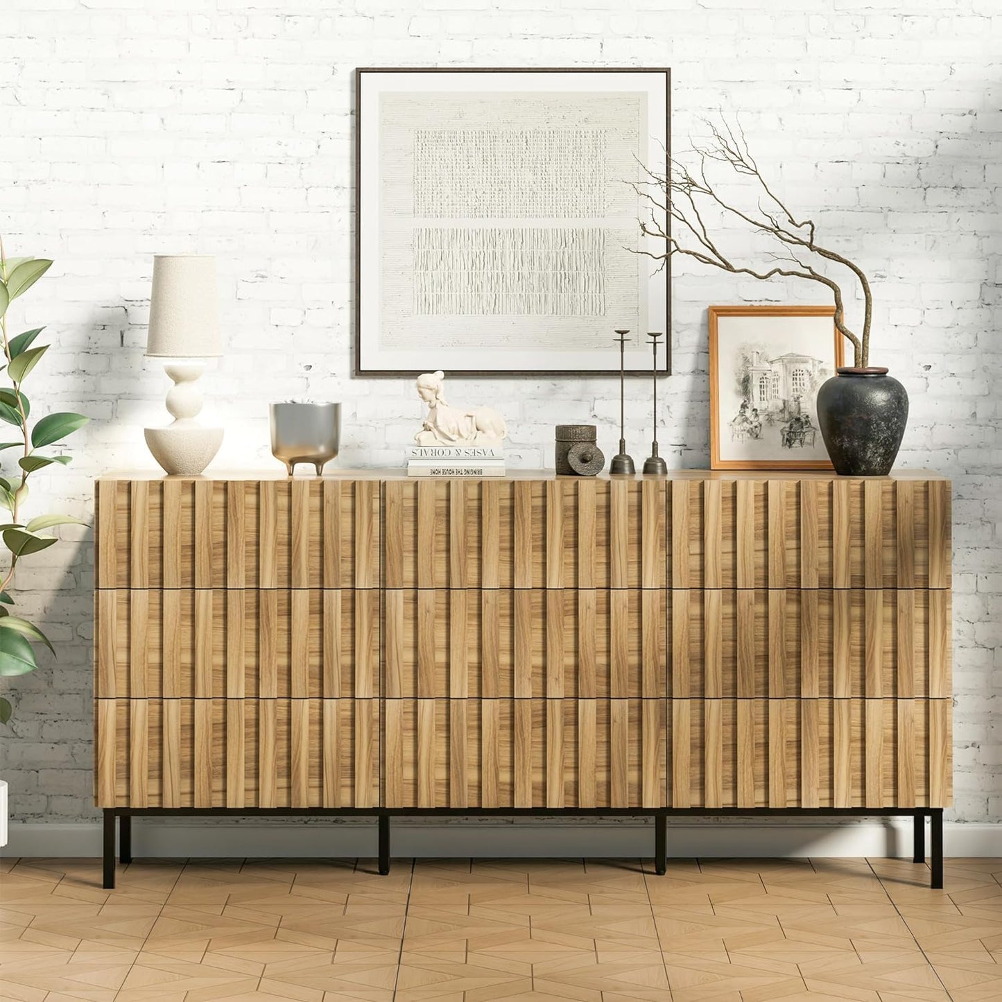 UEV Mid Century Modern Dresser,9 Drawer Dresser for Bedroom Natural Wood,Light and Fluted Double Chest of Drawers,Accent Large Storage Dresser with Metal Stand - WoodArtSupply