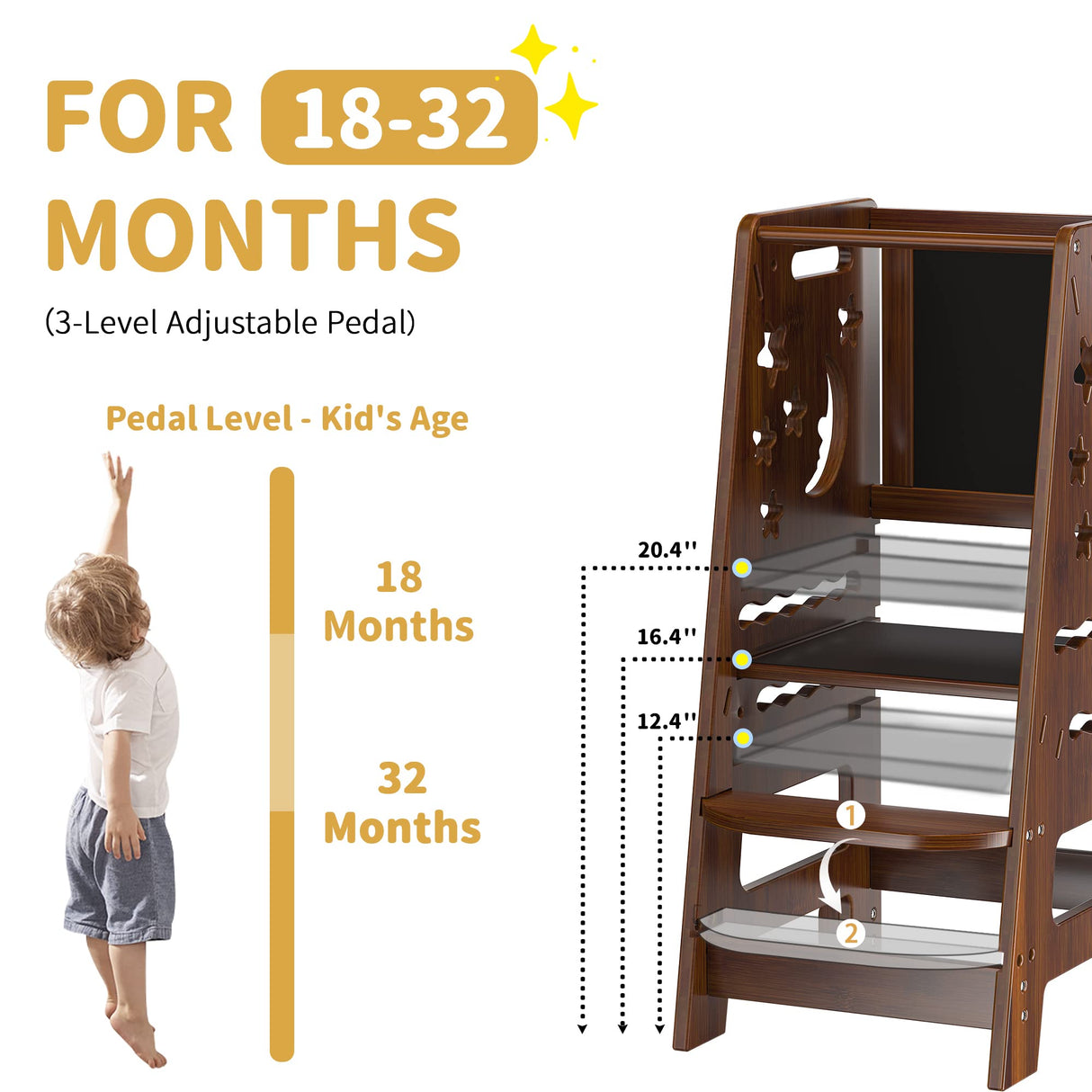 TOETOL Bamboo Kids Step Stool for Kitchen Height Adjustable Toddler Standing Tower with Keeper and Black & White Activity Board TOETOL