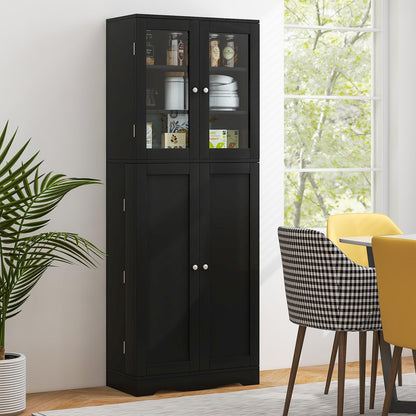 Nightcore Kitchen Pantry Cabinet, 63.5” Tall Food Pantry w/Glass Doors, Shelves with Baffle, Freestanding Kitchen Cupboard, Wooden Kitchen Hutch for Kitchen Dining Room, Living Room (Black)