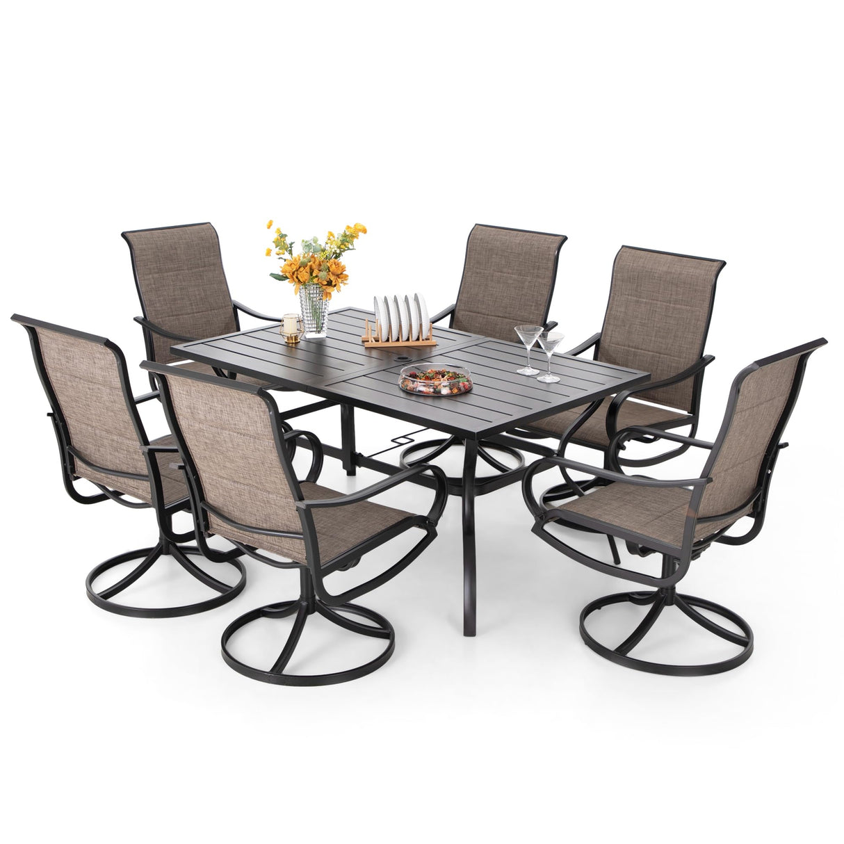 PHI VILLA 7 Piece Patio Dining Set for 6, 1 Large Metal Table and 6 Outdoor Dining Chairs with High Back and Padded Textilene, Outdoor Furniture Set for Garden, Yard PHI VILLA