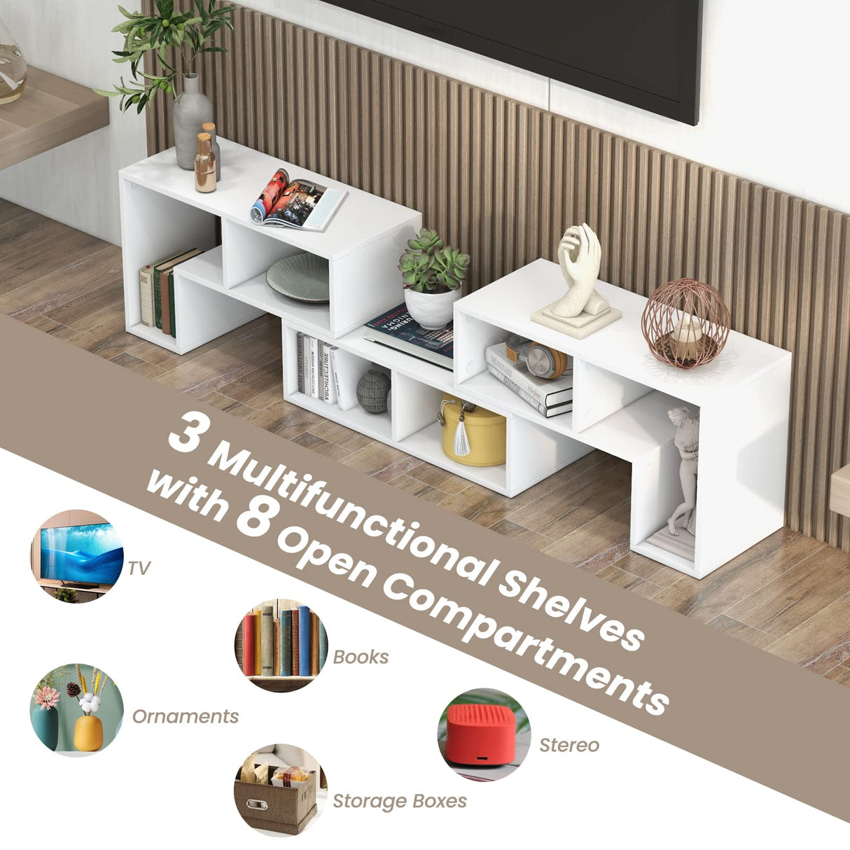 KOTEK TV Stand for 50 55 60 65 Inch TV, 3 Pieces Free Combination Bookshelf Organizer, TV Console Table with Open Storage Shelves, Modern Entertainment Center for Living Room, Bedroom KOTEK