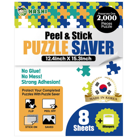 HASHI Puzzle Saver 8 Sheets (12.4 x 15.3 Inches) with 8 Hangers, Easy Peel & Stick, No Mess, Adhesive Backing for Jigsaw Puzzles HA SHI