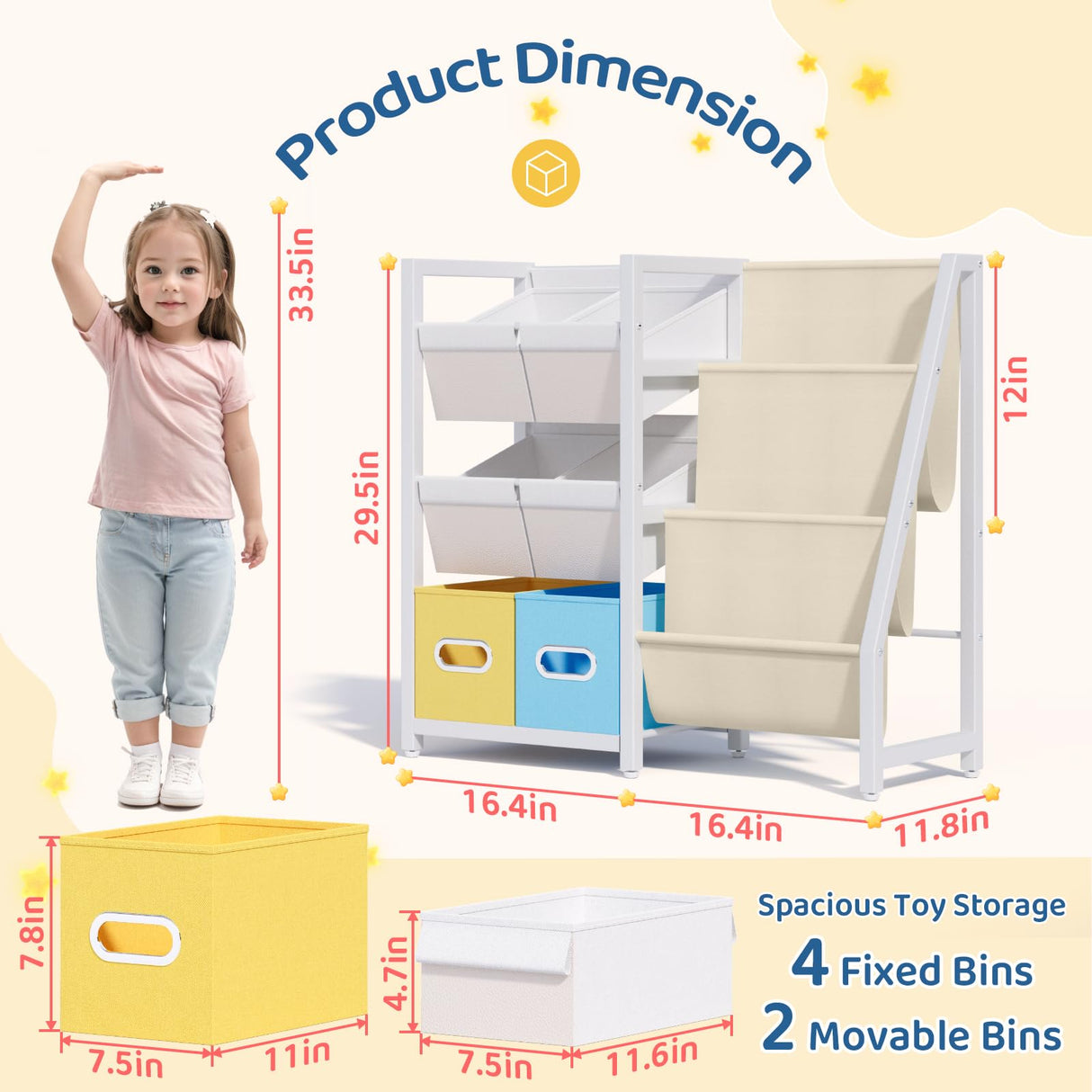 LATIBELL Kids Bookshelf Toy Storage Organizer - Book Shelf for Kid Rooms, 6 Toy Bins for Kid Organizer and 3 Sling Kids Bookcase, Toddler Baby Montessori Nursery Bookshelf Childrens Book Rack Display LATIBELL