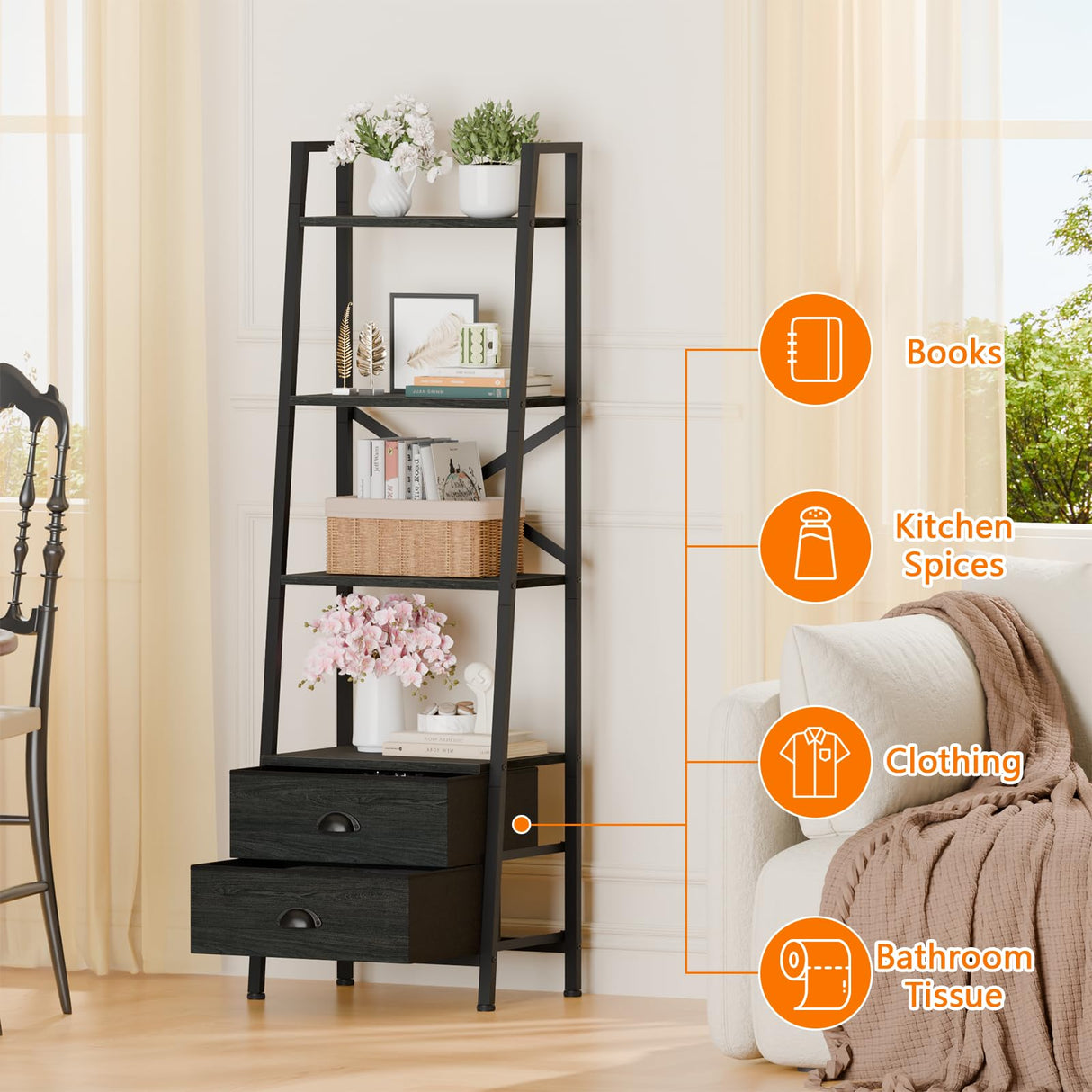 Furologee 4-Tier Ladder Shelf,Small Bookshelf with 2 Drawers,Vertical Bookcase Storage Rack Organizer,Display Bookshelves for Living Room,Bedroom,Bathroom,Home Office,Kitchen,Rustic Brown,Black Oak Furologee