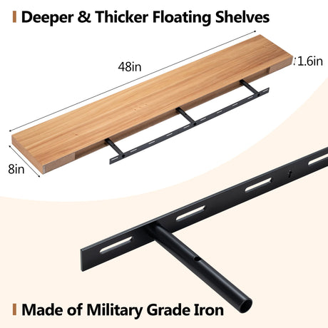 48 Inch Fireplace Mantel Shelf, USA-Sourced Rustic Elm Wood Floating Shelves Wall Mounted, Wall Shelves with Invisible Bracket for Living Room Bathroom Bedroom Kitchen, Set of 1 (Natural, 48"x 8") Fun Memories