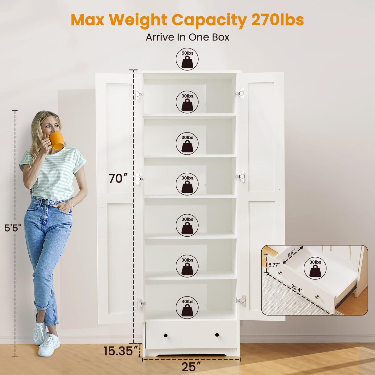 Teekyooly 70" Farmhouse Kitchen Pantry Cabinet, Tall Large Wood Storage Cabinet with 6 Adjustable Shelves, 2 Barn Doors & Drawer for Bathroom, Dining Room, Antique White Teekyooly