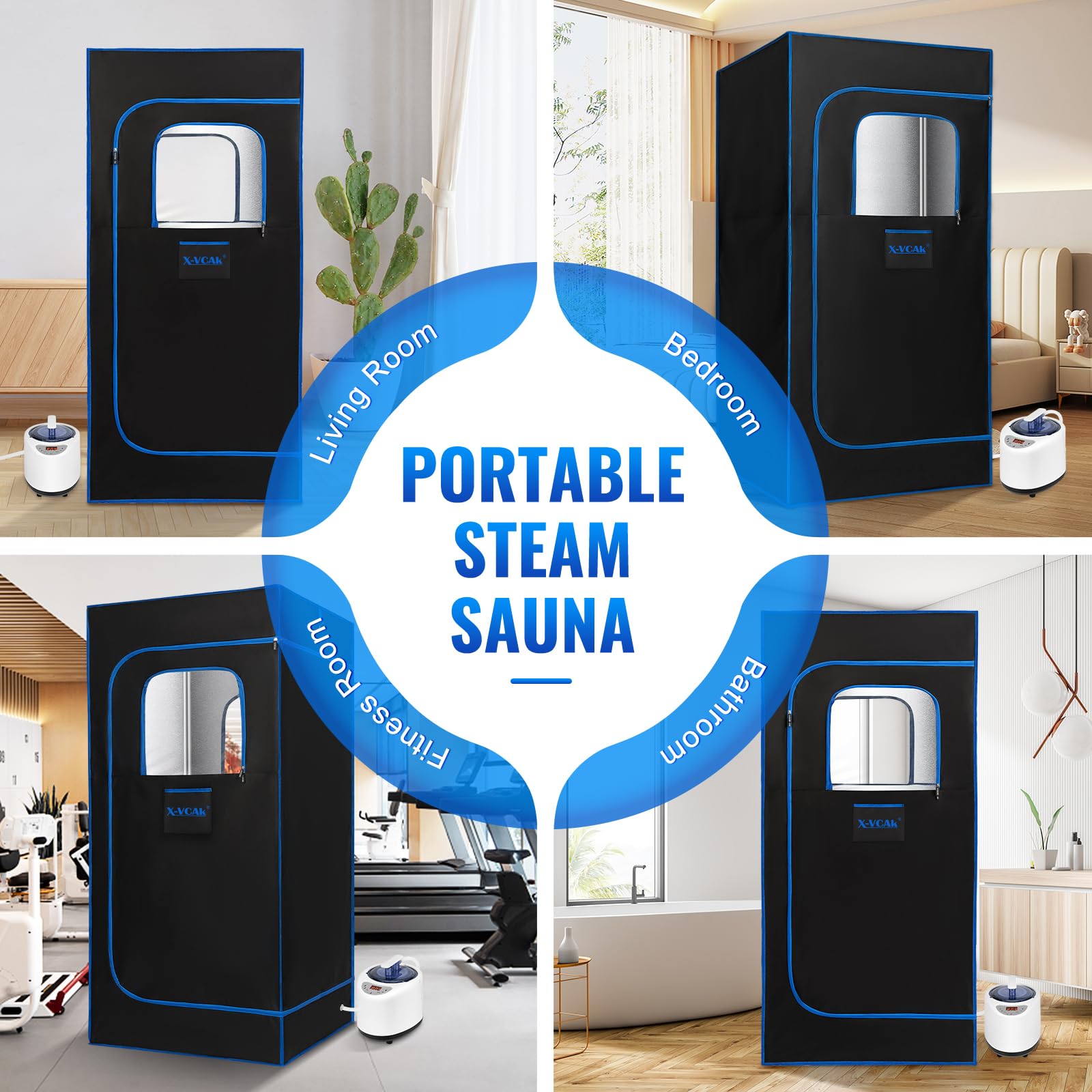 X-Vcak Portable Steam Sauna, Portable Sauna for Home, Sauna Tent Sauna Box with 2.6L Steamer, Remote Control, Folding Chair, 9 Levels, Black with Blue, 2.6’ x 2.6’ x 5.9’ - WoodArtSupply