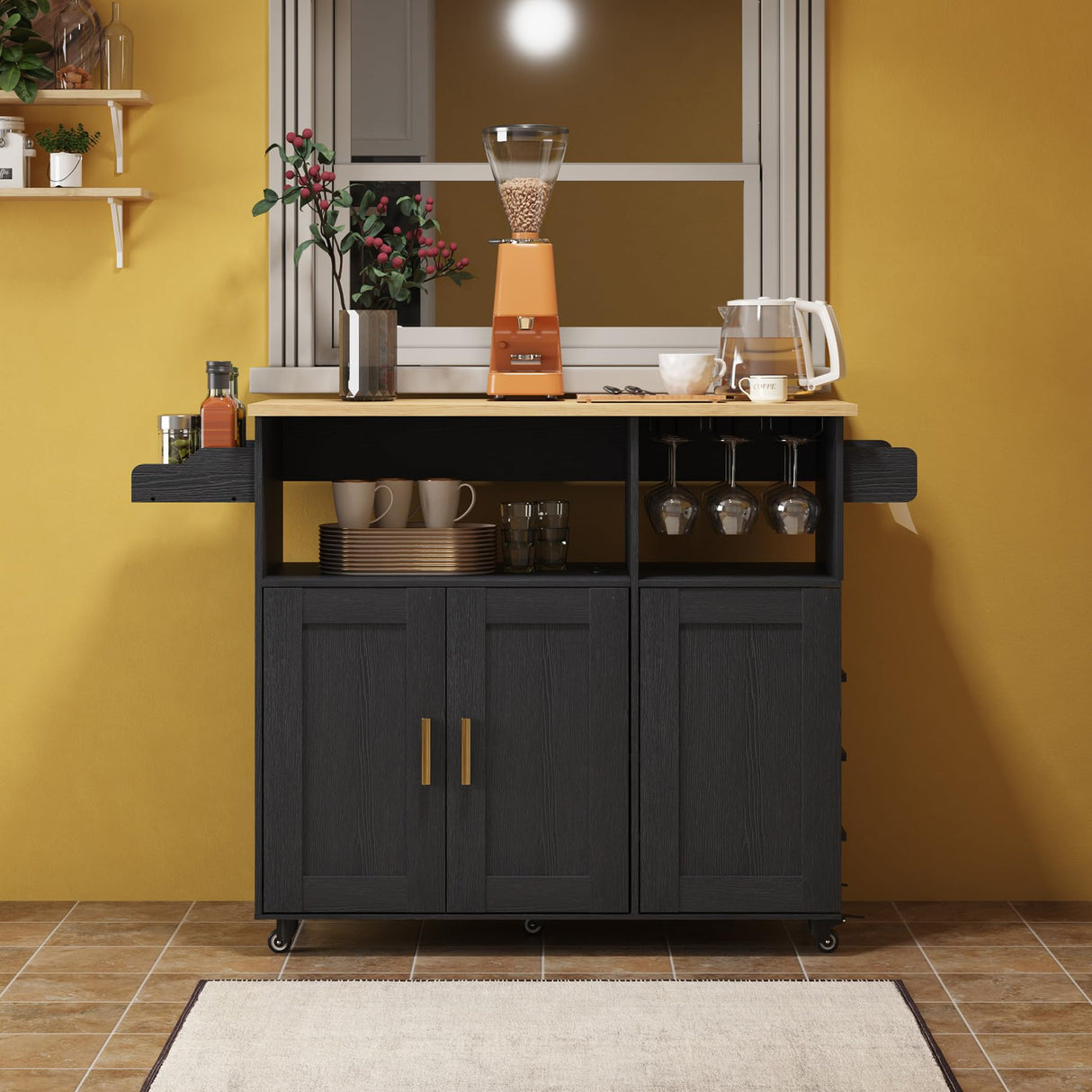 ASTRONAPE Rolling Mobile Kitchen Island Cart Bar, Island Table Storage with 5 Wheels, Rolling Kitchen Cabinet with Power Socket and Towel Rack (Black, Without Counter Top) ASTRONAPE