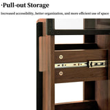Display Cabinet with Double Glass Door, Diagonal Mirror, 6-Tier Pull-Out Shelf & Cordless Rechargeable LED 70'' Tall Lighted Display Cabinet for Curio, Collectibles with Storage Wood Finish Brown JOYSOURCE