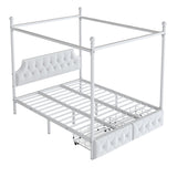 SOFTSEA Metal Canopy Bed Frame Queen Size Upholstered Canopy Bed Frame with 2 Drawer, Four-Poster Metal Platform Bed with Upholstered Headboard, White SOFTSEA