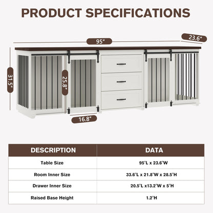 Dog Crate Furniture - Farmhouse Wooden Dog Kennel with Double Sliding Barn Doors & 3 Drawer, 95”x23”x32”H, White