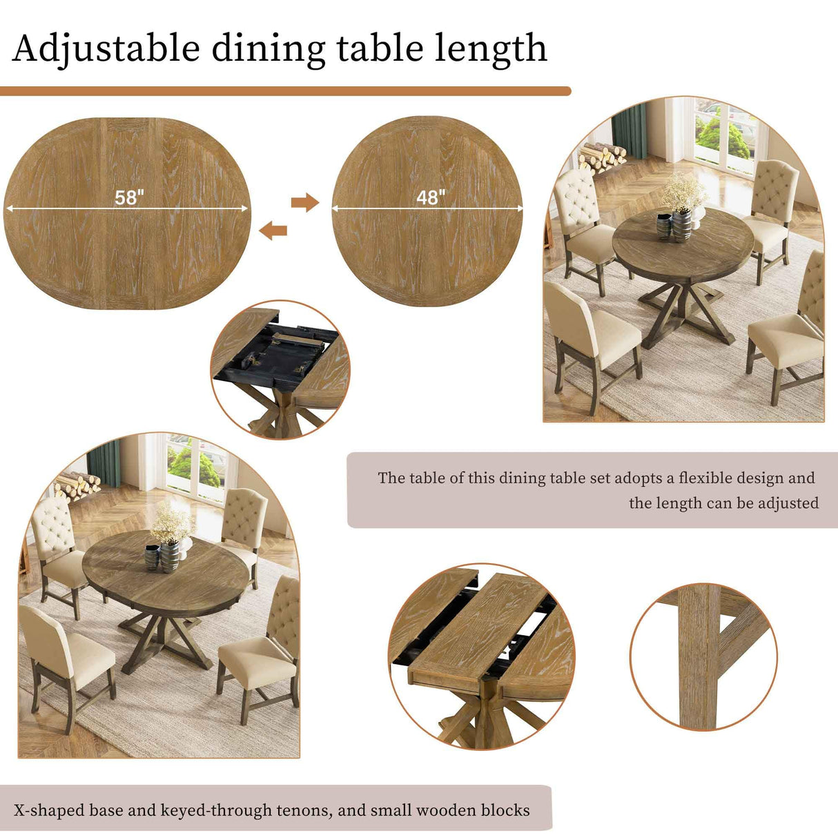 Retro Style 5-Piece Round Dining Table Set for 4,Extendable Table with 4 Upholstered Chairs for Dining Room,Living Room,Kitchen,54" Dining Table + 4 Dining Chairs(Oak Natural Wood + Off White) WIIS' IDEA