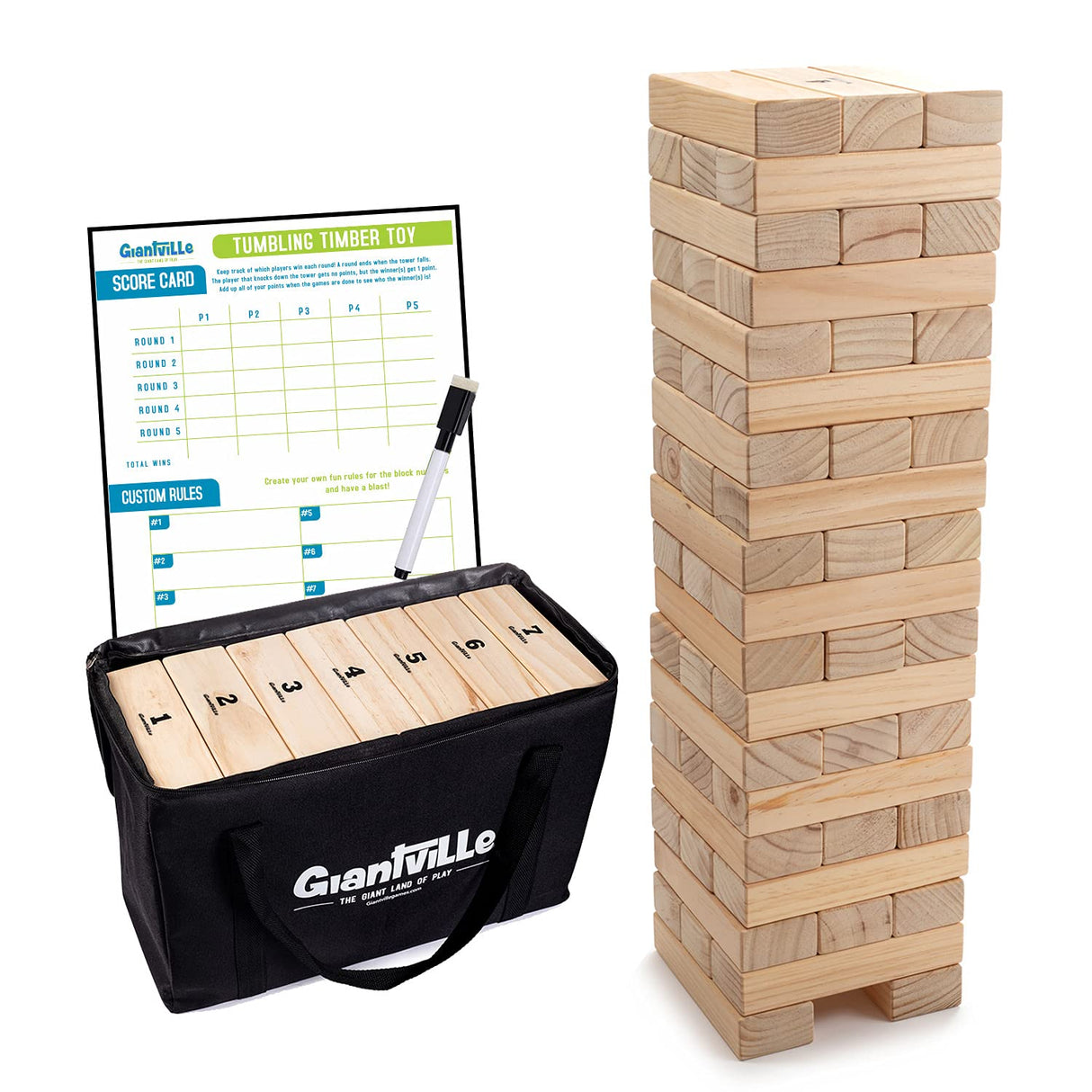 Giantville Giant Tumbling Timber Toy - Premium Pine Wood Life-Size Blocks Tower - Big Floor/Board Indoor/Outdoor Yard Game for Kids & Adults - 56-Pieces + Carry/Storage Bag - Grows to Over 4-Feet Giantville