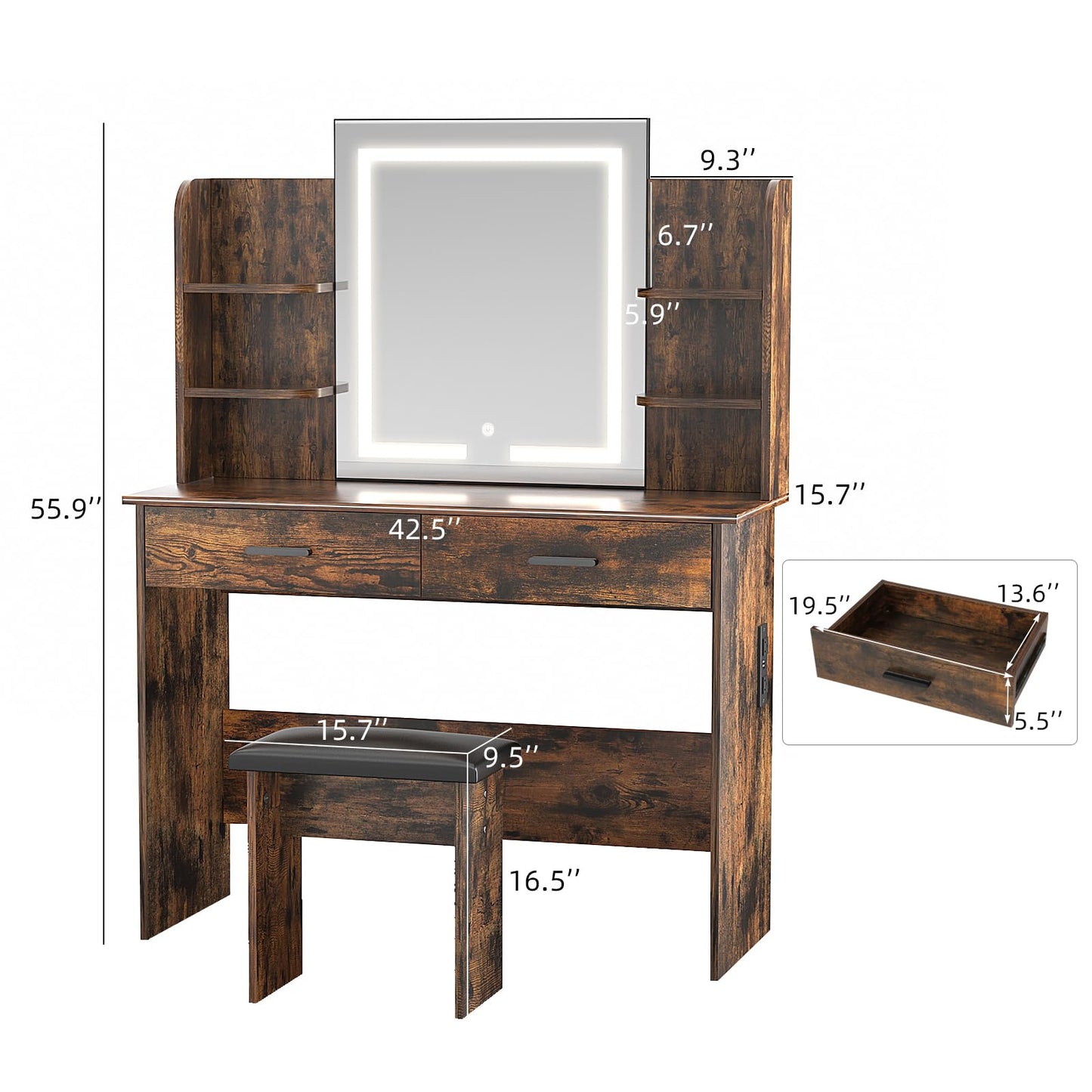 SMOOL Vanity with Lighted Mirror, Makeup Vanity Desk with Power Outlet, 3 Color Light Options Adjustable Brightness, Vanity Table with 6 Storage Shelves, 2 Large Drawers and Cushioned Stool,  - WoodArtSupply