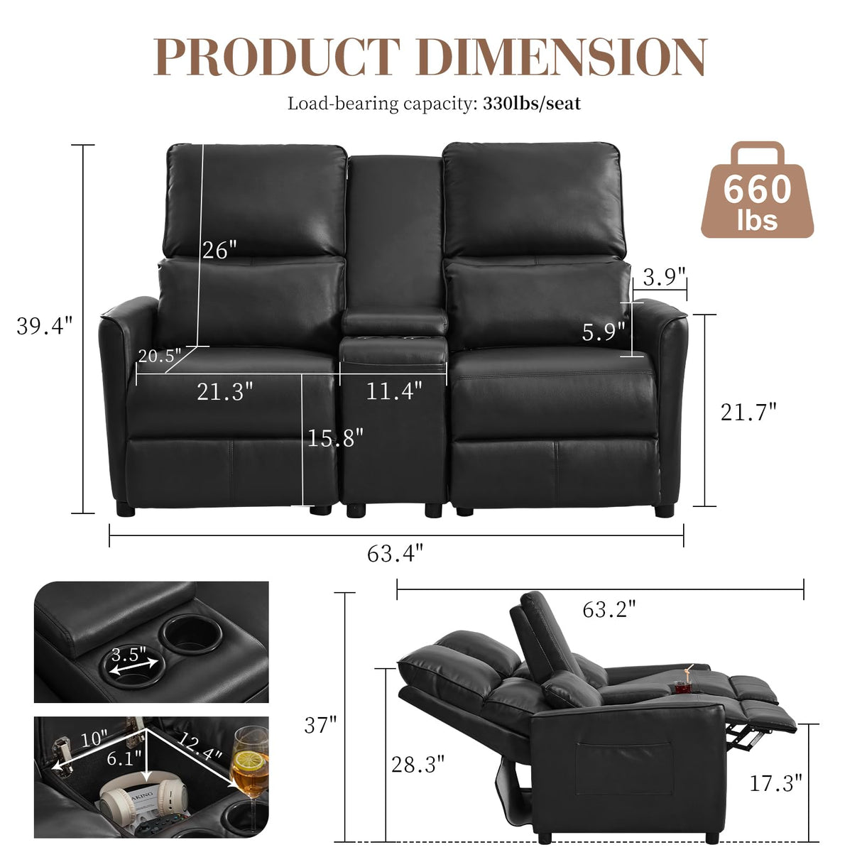 Loveseat Recliner Sofa, Push Back Double Wall Hugger Reclining Sofa Chair with Console, 2 Seat Leather Home Theater Seating with Cup Holder, Manual Comfy RV Furniture Sofa for Living Room, Light Black SENIFIS