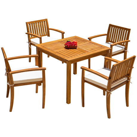 Flamaker 5 Piece Outdoor Dining Set Acacia Wood Patio Table and Chairs with Soft Cushions Patio Furniture for Deck, Backyard, Garden Flamaker