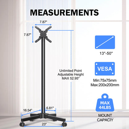 XINLEI Mobile TV Carts, Rolling TV Stand on Wheels for 13-50" Flat/Curved TVs Height Adjustable 30° Tilt Floor TV Stand Portable Monitor Stand Holds up to 44lbs Max VESA 200x200mm ML1350