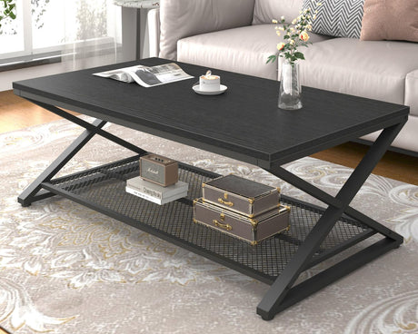 LVB Black Coffee Table, Wood Metal 2 Tier Center Tables with Storage Shelf, Modern Rectangular Concrete Tea Table for Living Room, Wooden Middle Cocktail Table for Office Bedroom, 47 inch, Black Oak LVB