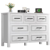 YITAHOME 7 Drawer Dresser with Built-in Power Outlet, Wood Dresser TV Stand with Large Drawers and Bar Handles, White Chest of Drawers for Living Room, Entryway YITAHOME