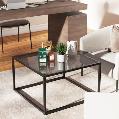 YMYNY Glass Coffee Table, Tempered Glass Square Coffee Tables with Metal Frame, Unique Modern Table for Living Room Home Office 26.77" x 26.77" x 15.75", Black Grey, UHCT001H