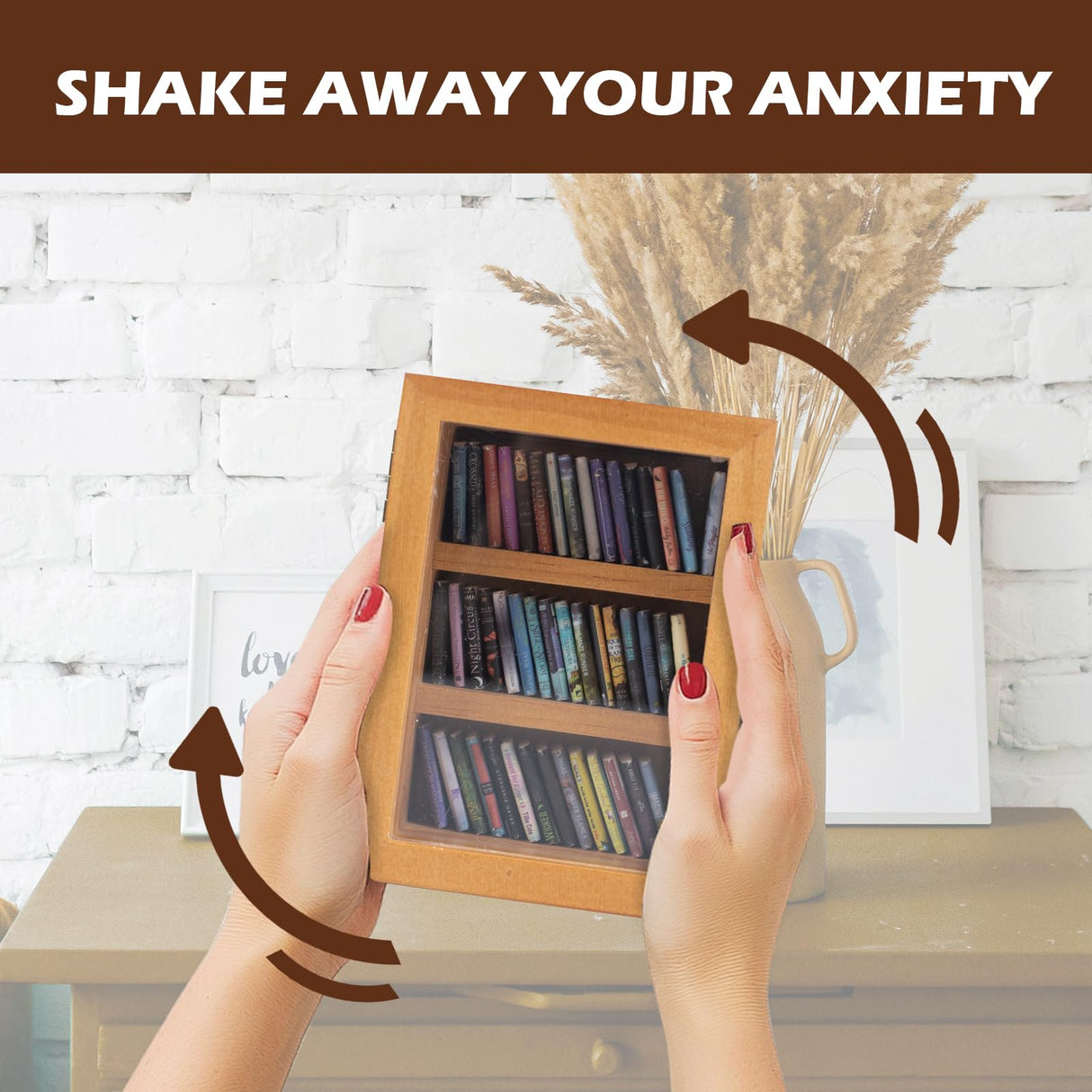 Brown Anxiety Bookshelf,Super Mini Bookshelf,Set:1 Wooden Book Display Case + 60 PCS Mini Books,Shake Away Your Anxiety,Home Study Room Office Bedroom Library Decor,Perfect for Book Lovers WodGod