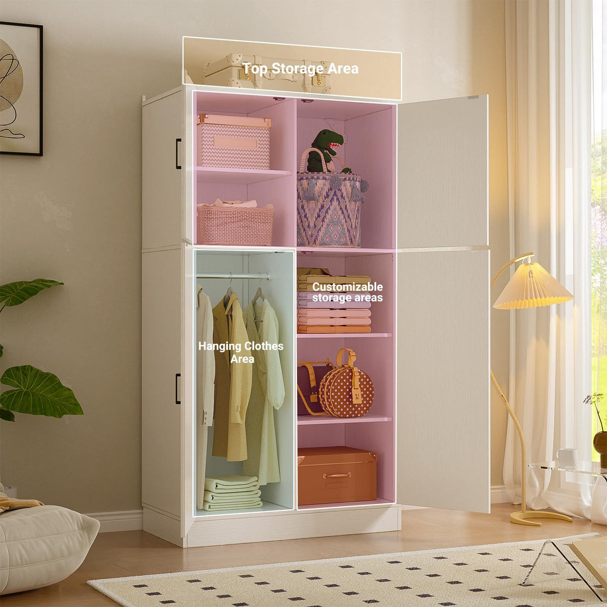 Unikito 71'' Farmhouse Wardrobe Closet with Hanging Rod, 4 Barn Door Clothing Storage Cabinet with Adjustable Shelves, Freestanding Wardrobe Cabinet for Bedroom Living Room Office, White，2 Pack Unikito