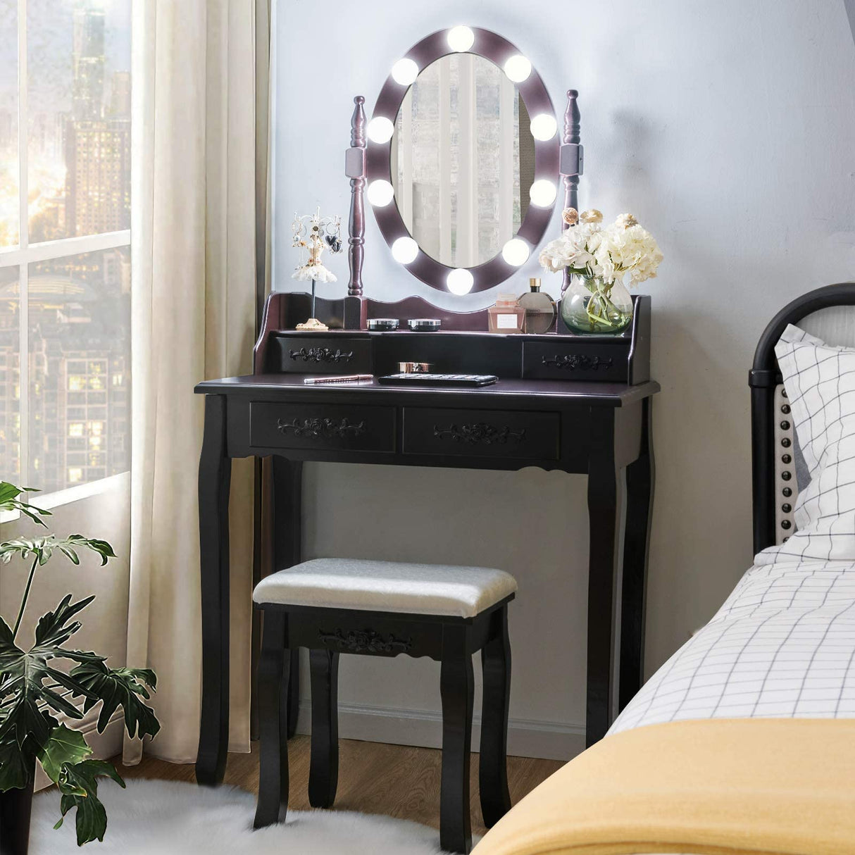 MAT EXPERT Vanity Desk Set with Lighted Mirror, Versatile Dresser w/Padded Stool & 4 Drawers, Makeup Organizer Table w/360° Rotatable Mirror & 10 Adjustable Light, Modern Bedroom Vanities (Brown) MAT EXPERT