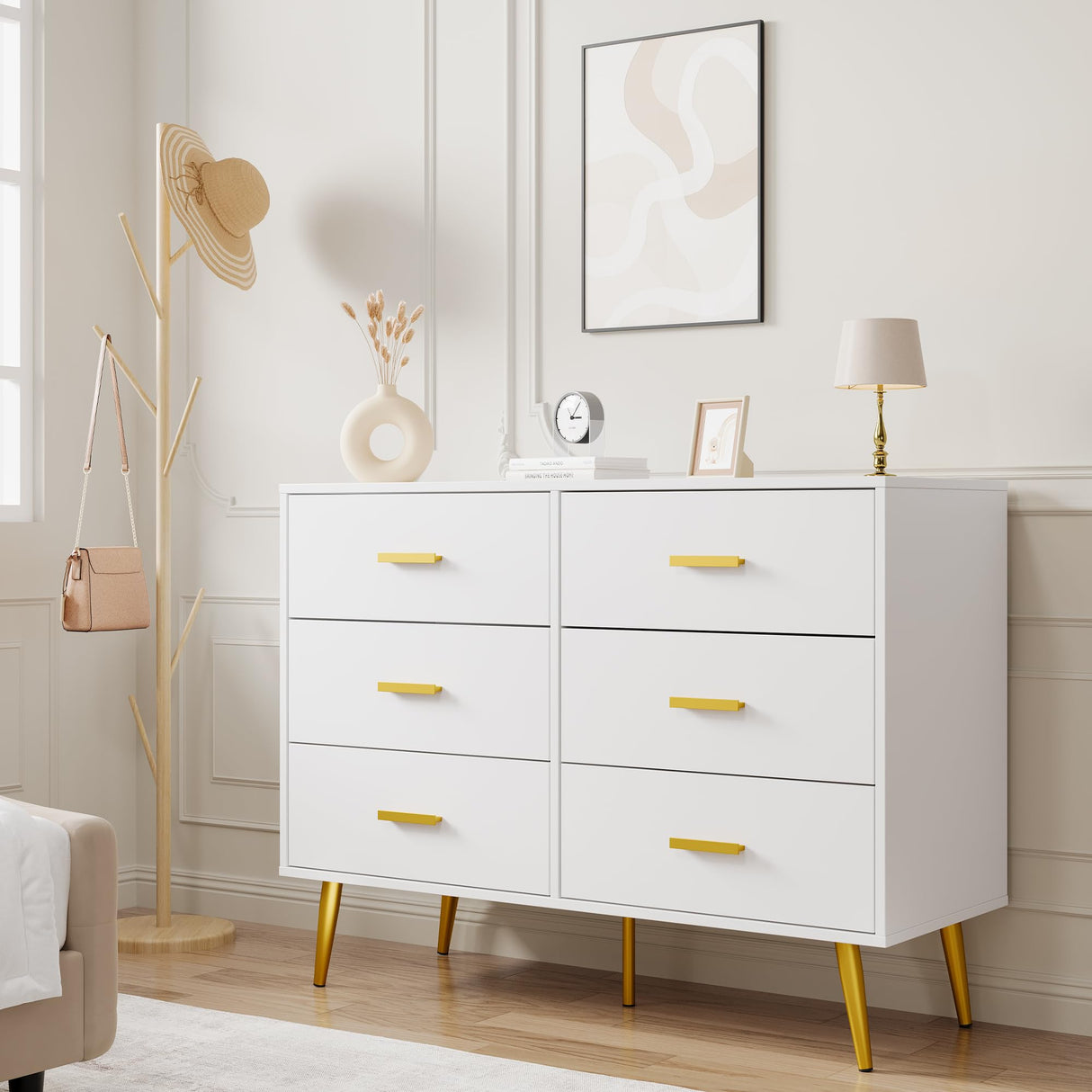 GarveeHome 6 Drawer Dresser, Modern Wooden Dresser with Gold Handles and Storage Space, Chest of Drawers for Bedroom, Hallway, Living Room and Entryway, White GarveeHome