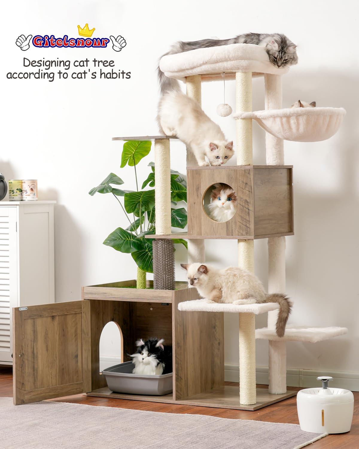 Gitelsnour Cat Tree with Litter Box Enclosure, Large Wooden Cat Tower Cat Condo for Indoor Cats with Play Garden (Leaf, Lawn, Hair Rubbers), Modern Cat House, Rustic Gray GCT110SG Gitelsnour